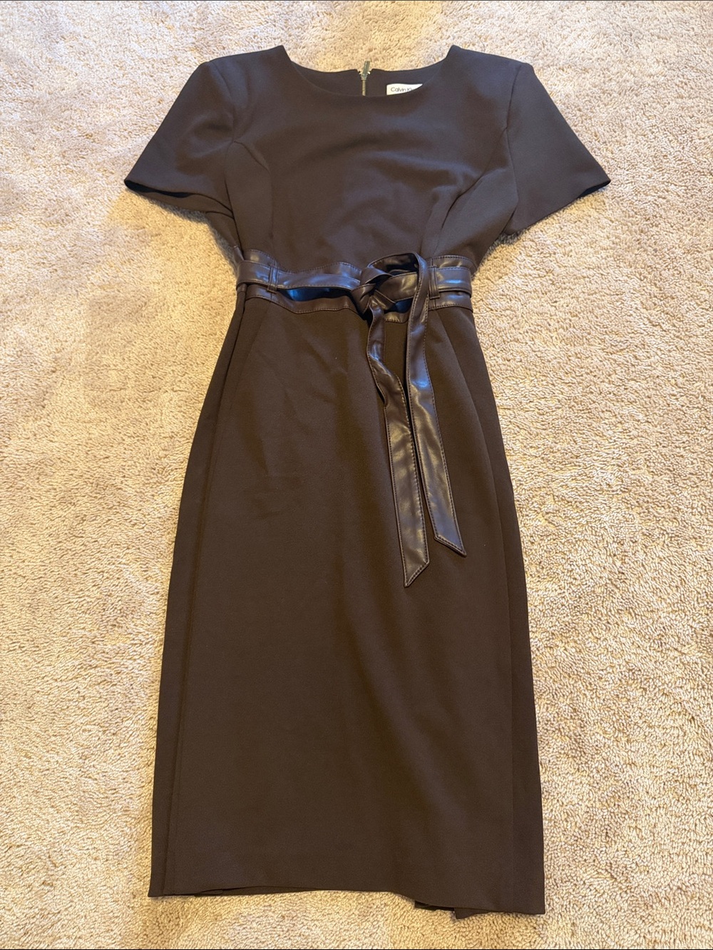 Calvin Klein Brown Midi Dress with Faux-Leather Waist Tie